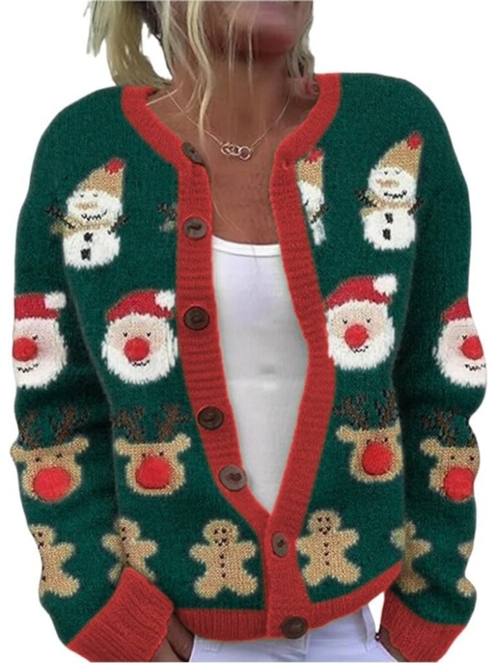 Women’s Green Santa Snowman Ugly Christmas Knit Button Cardigan Sweater